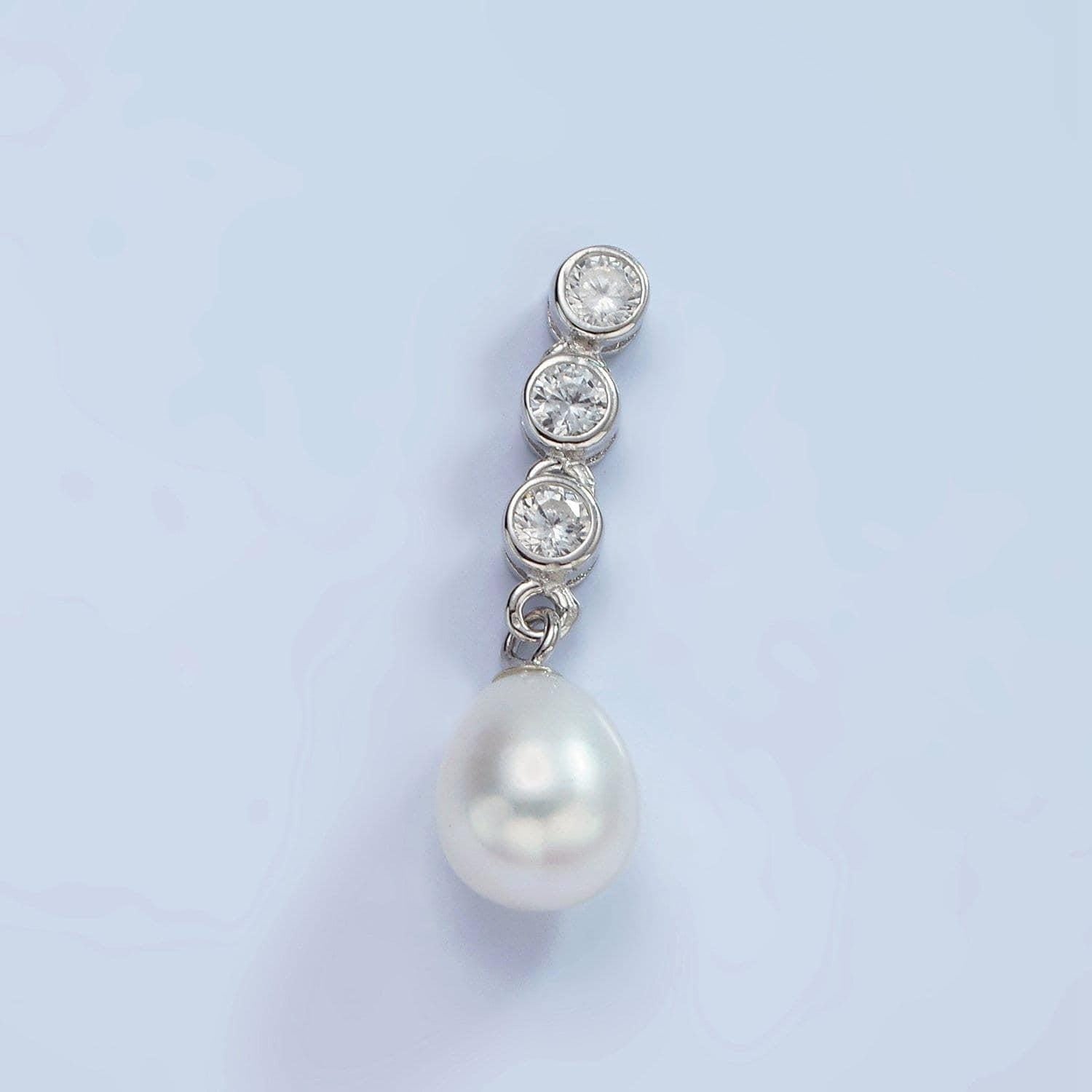 S925 sterling silver white shell pearl drop triple cz bezel bail pendant | sl-443