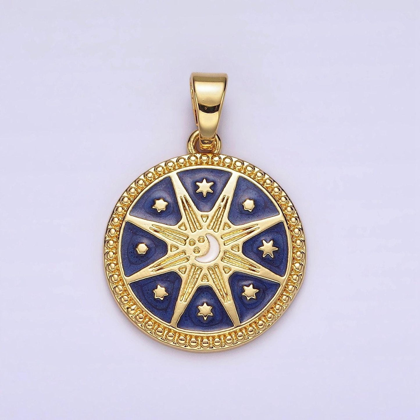 14k gold filled celestial sun star crescent moon blue dotted outline round pendant medallion charm for jewelry making | ah050