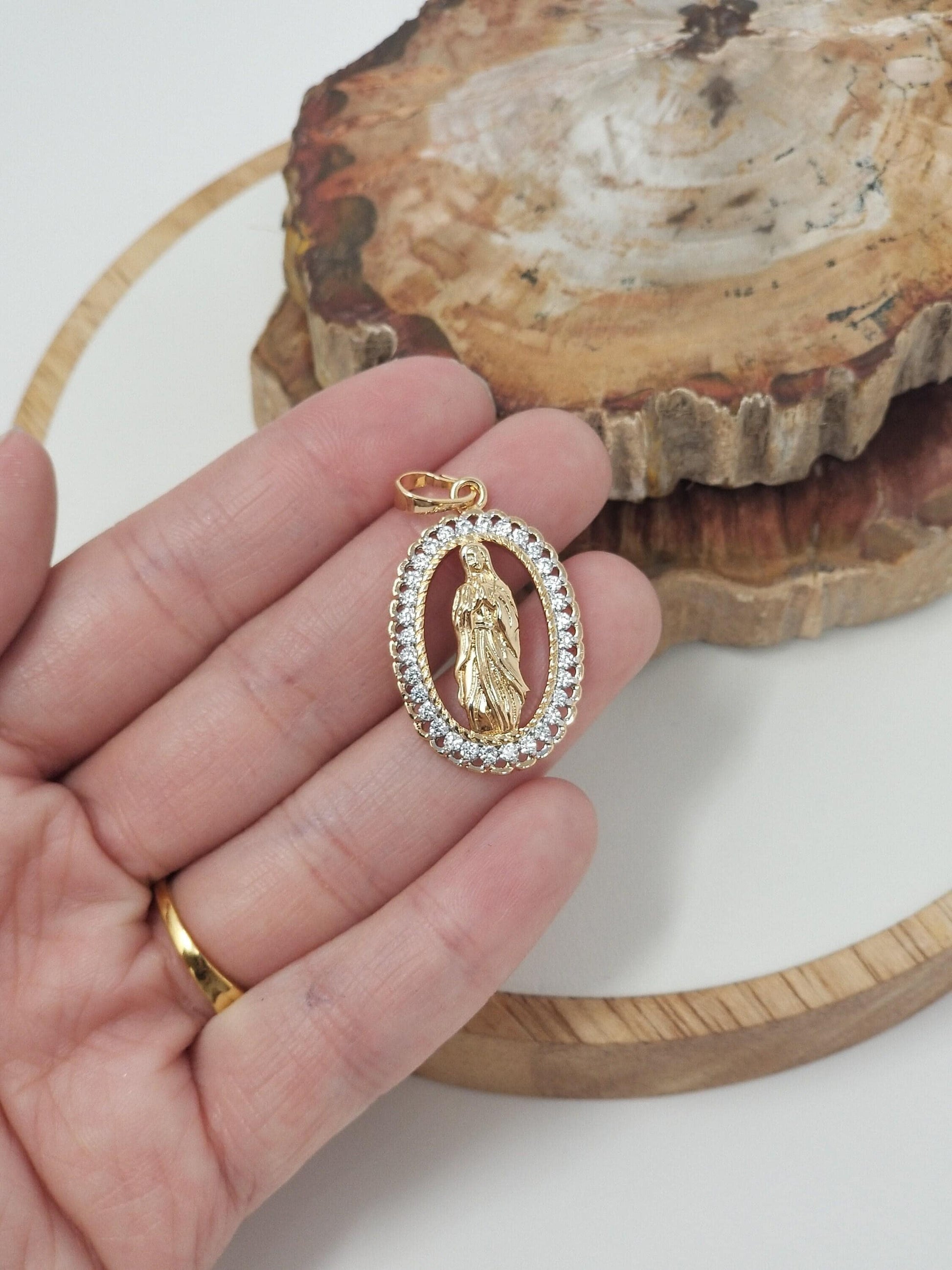 Gold filled cz virgin mary pendant, lady guadalupe cubic charm, mother of mary god medallion, rosary charm religious jewelry h183