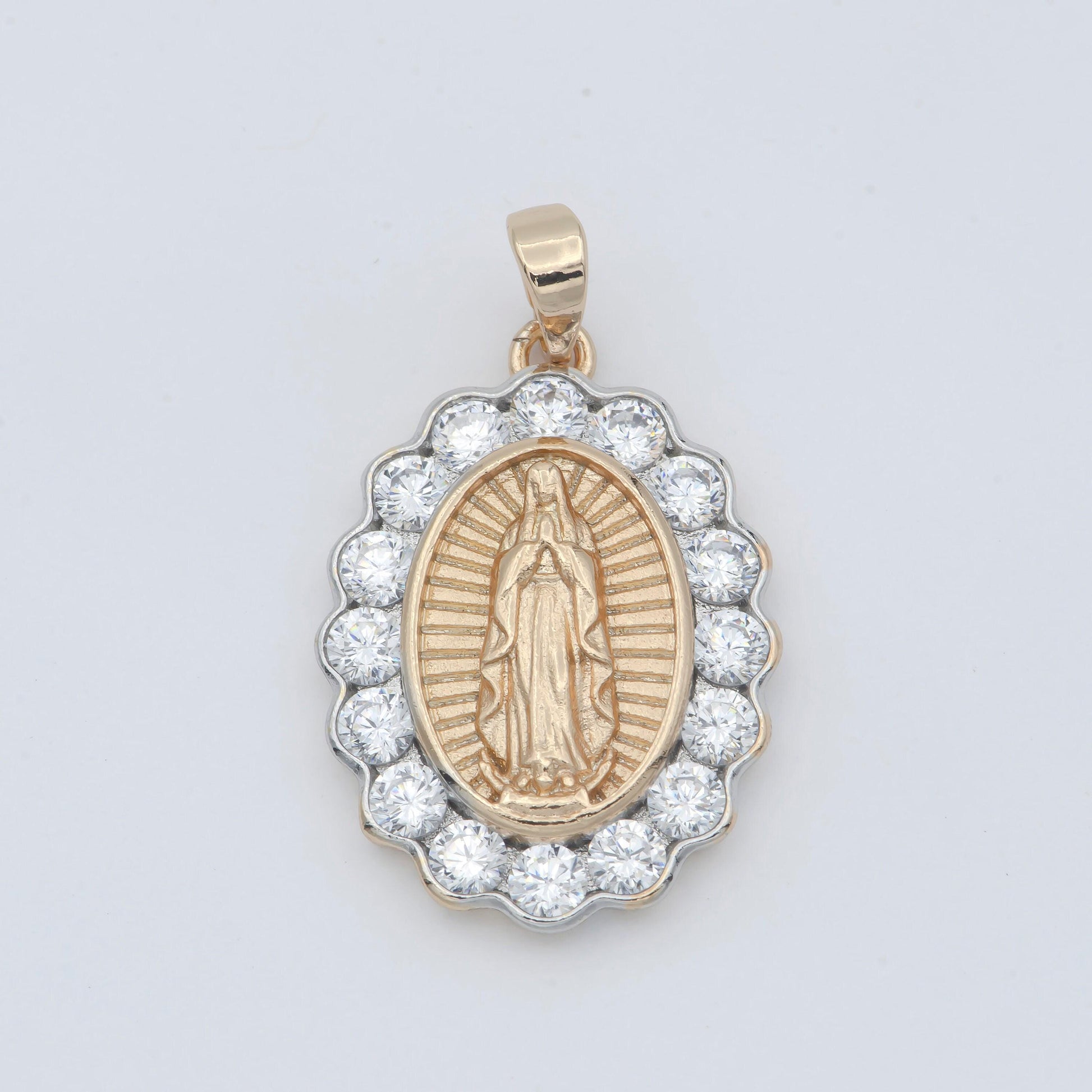 Gold filled holy mary lady of guadalupe praying religious cubic zirconia crystal oval pendants h-728