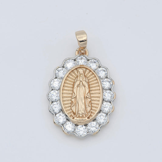 Gold filled holy mary lady of guadalupe praying religious cubic zirconia crystal oval pendants h-728