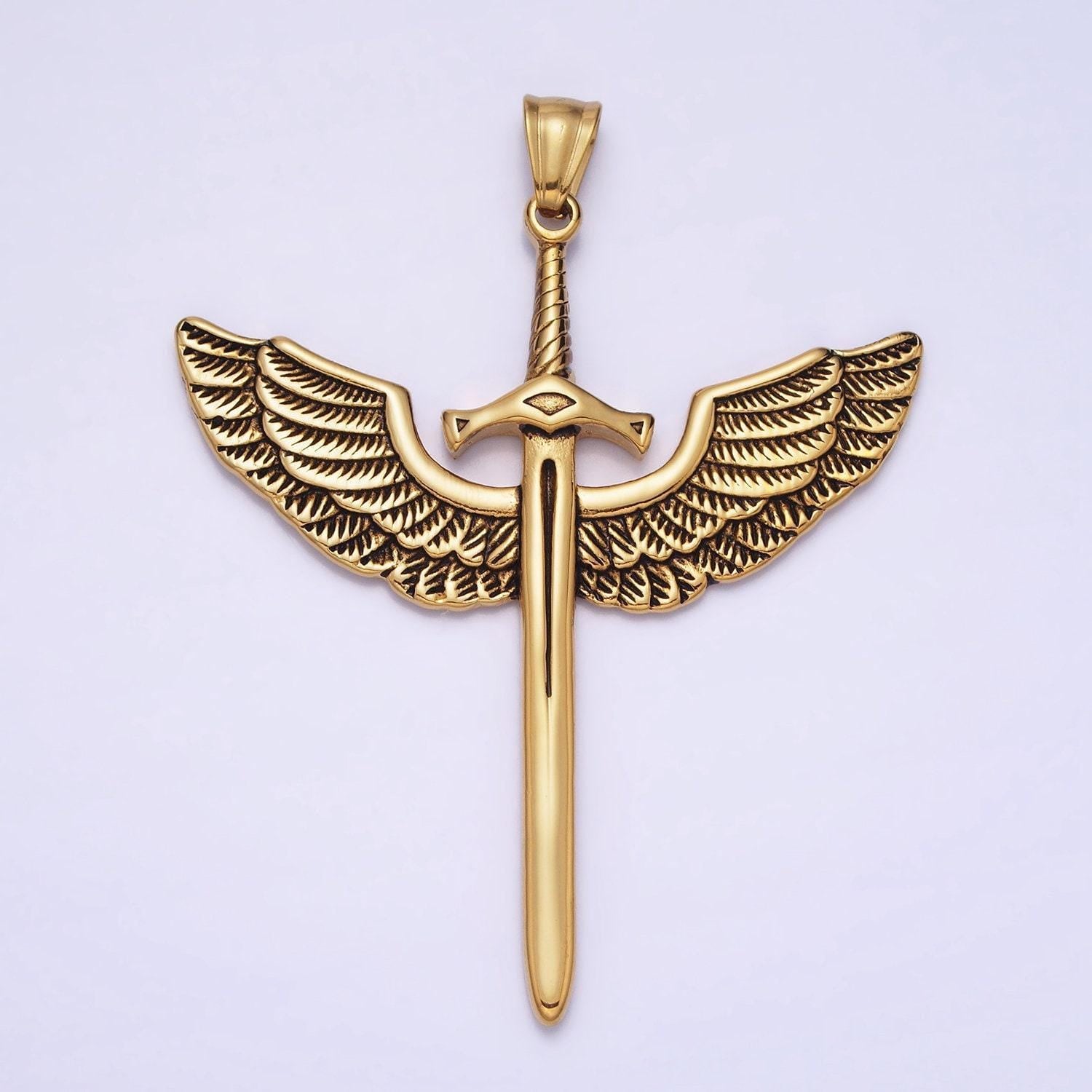 Long winged sword necklace, masculine stainless steel long angel wing blade weapon pendant necklace supply men jewelry p-1137