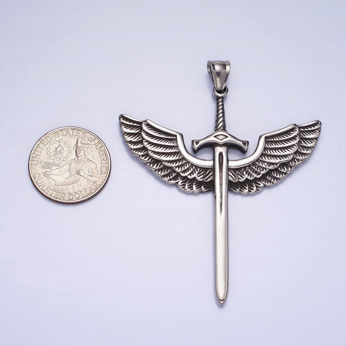 Long winged sword necklace, masculine stainless steel long angel wing blade weapon pendant necklace supply men jewelry p-1137