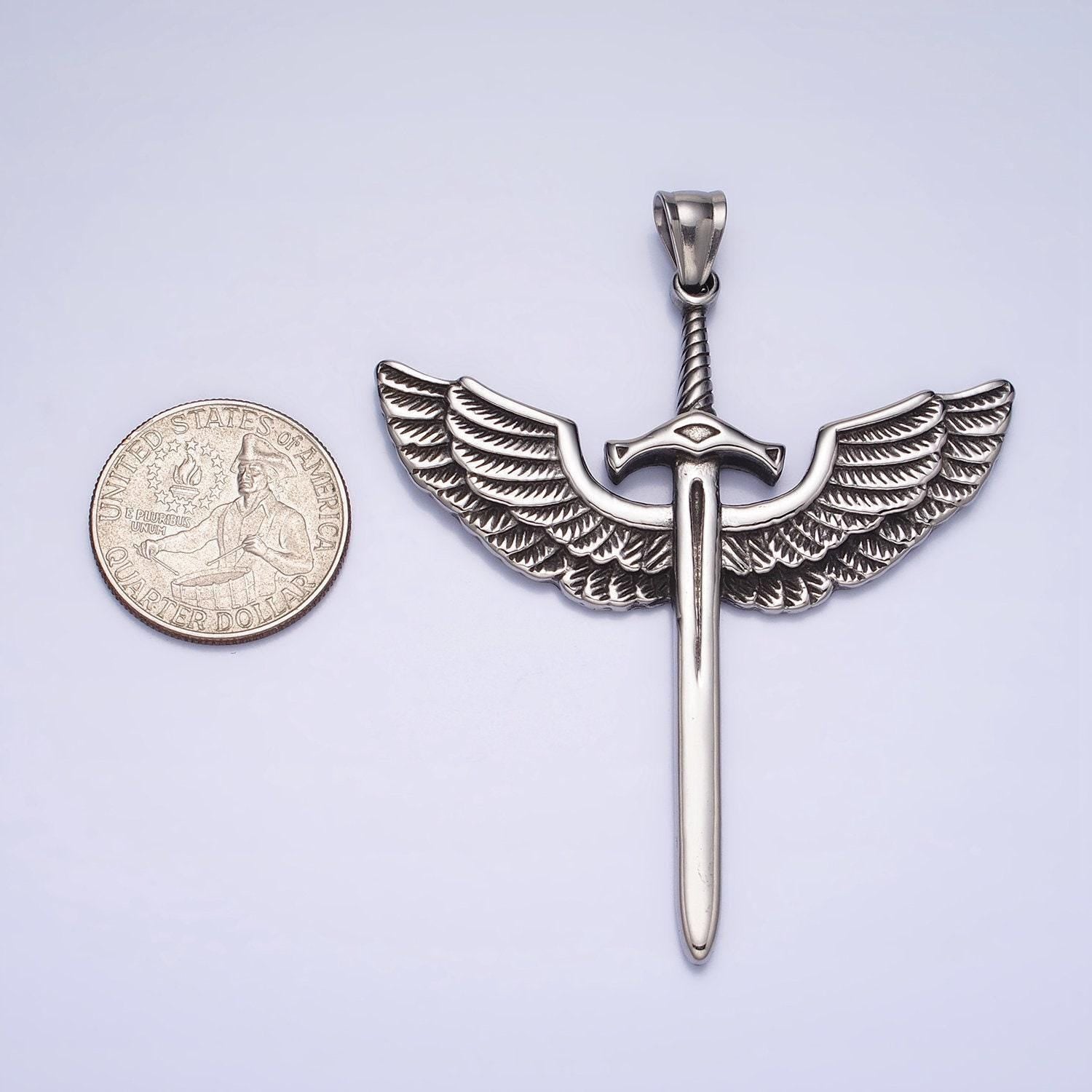 Long winged sword necklace, masculine stainless steel long angel wing blade weapon pendant necklace supply men jewelry p-1137