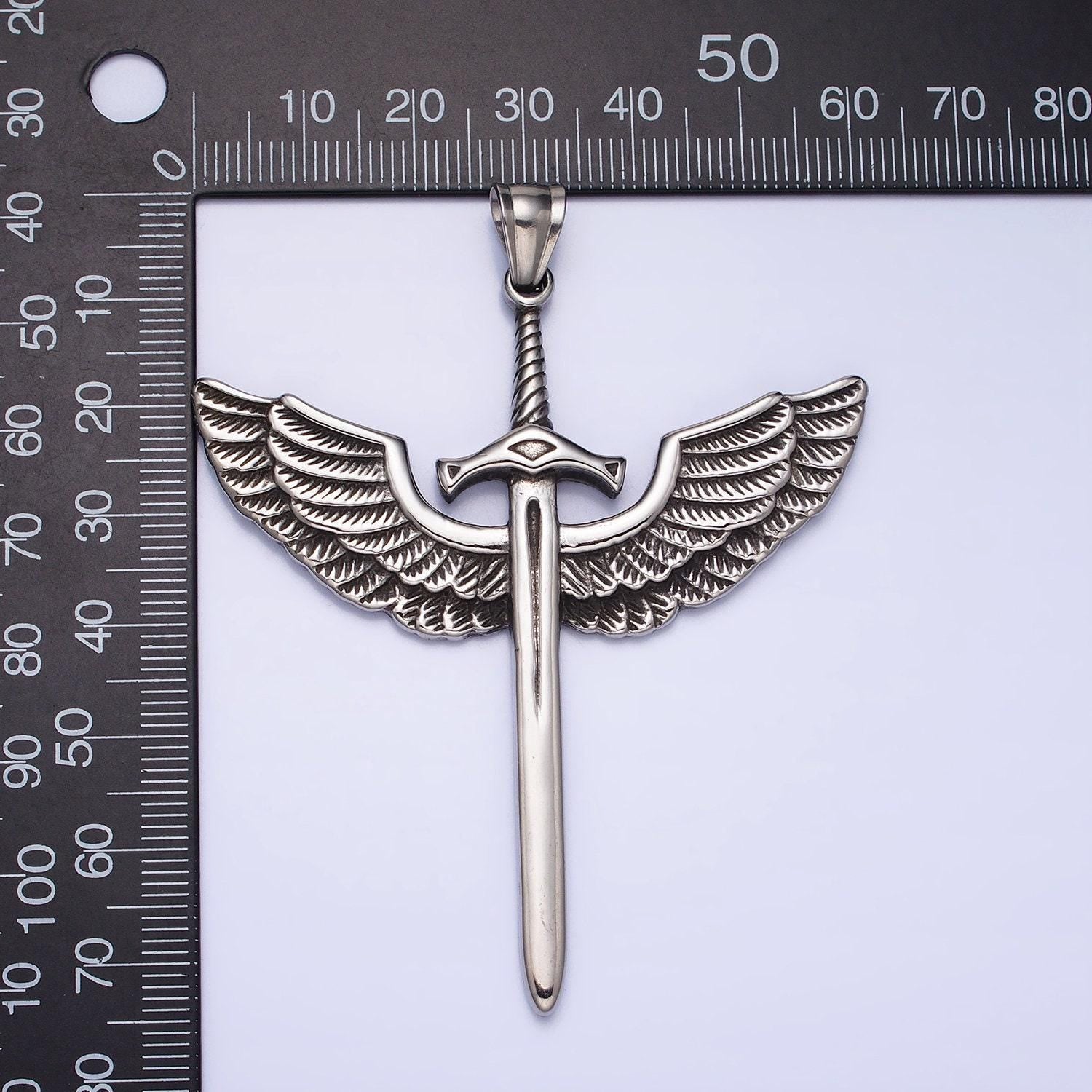 Long winged sword necklace, masculine stainless steel long angel wing blade weapon pendant necklace supply men jewelry p-1137