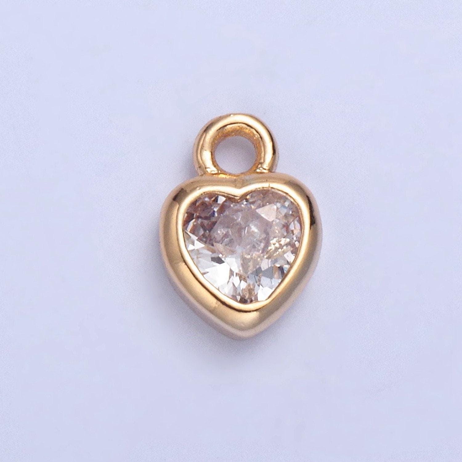 24k gold mini heart cz clear stone pendant, add on charm dainty crystal cz stone for necklace bracelet supply | x-133