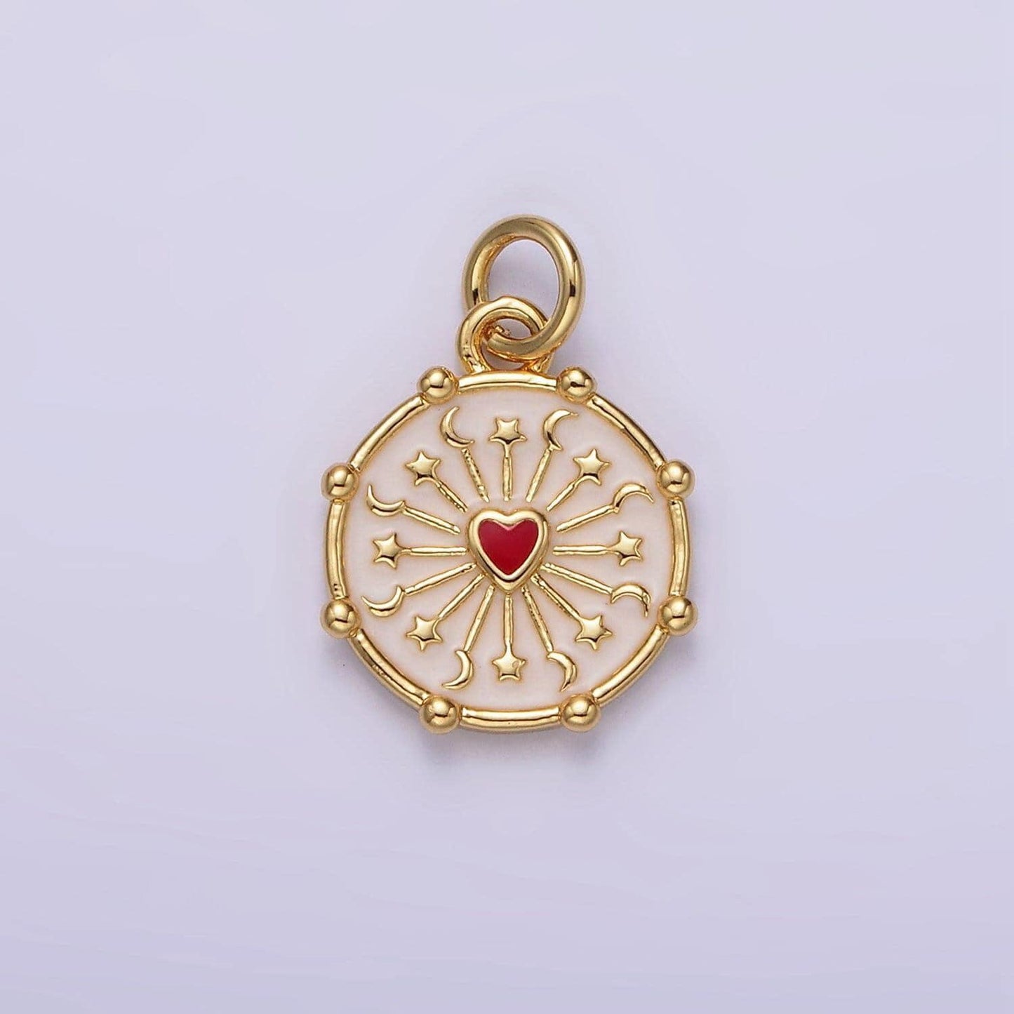 16k gold filled red heart celestial crescent moon star ray dotted outline round charm | ag159