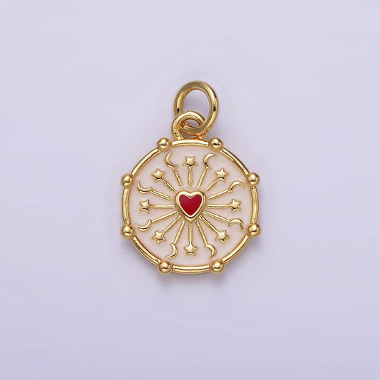 16k gold filled red heart celestial crescent moon star ray dotted outline round charm | ag159