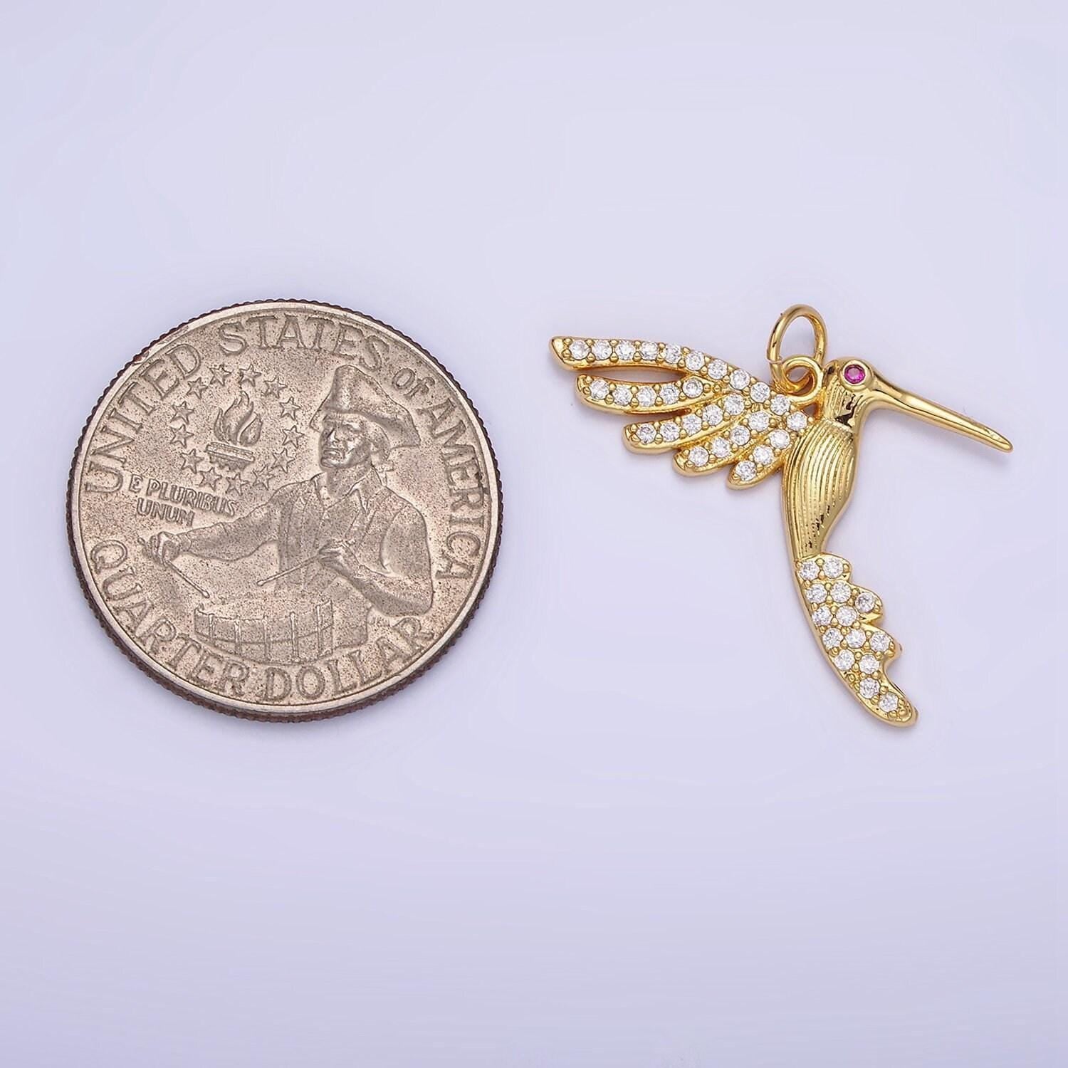 Dainty gold hummingbird charm, clear cz micro pave | aa-001