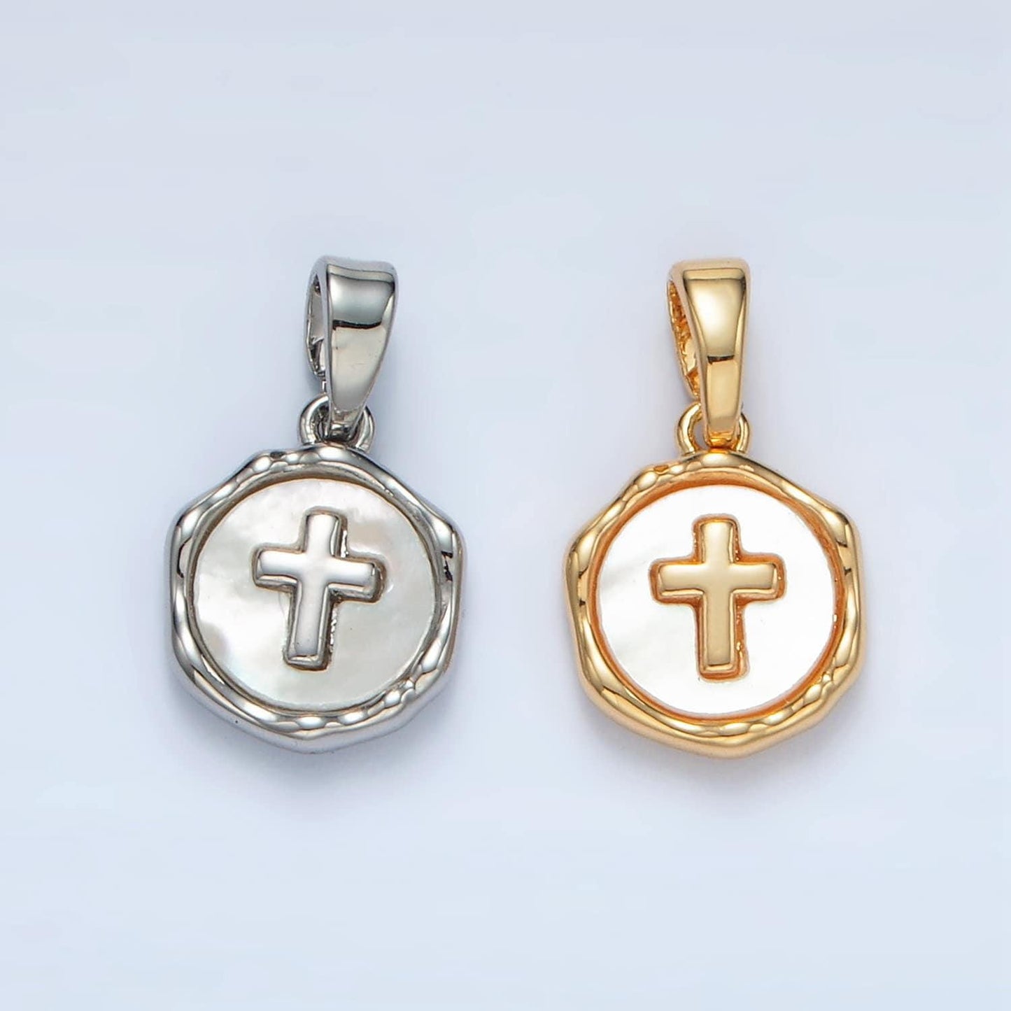 24k gold filled religious cross shell pearl pendant in silver & gold | aa-1521
