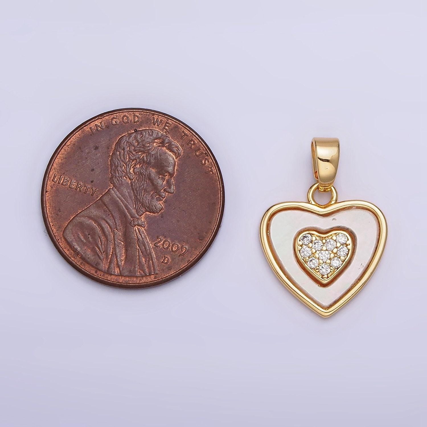 24k gold filled double heart micro paved cz shell pearl pendant | aa572