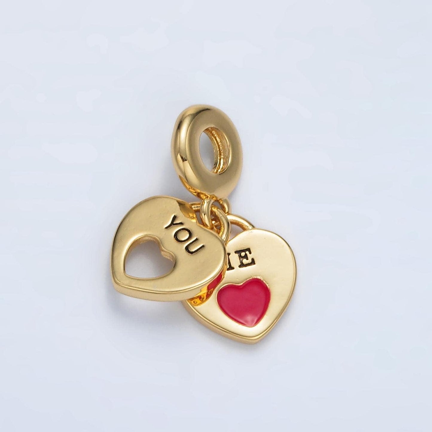 24k gold filled lovers hearts 'me & you' padlock, rondelle bail drop pendant | ac-092