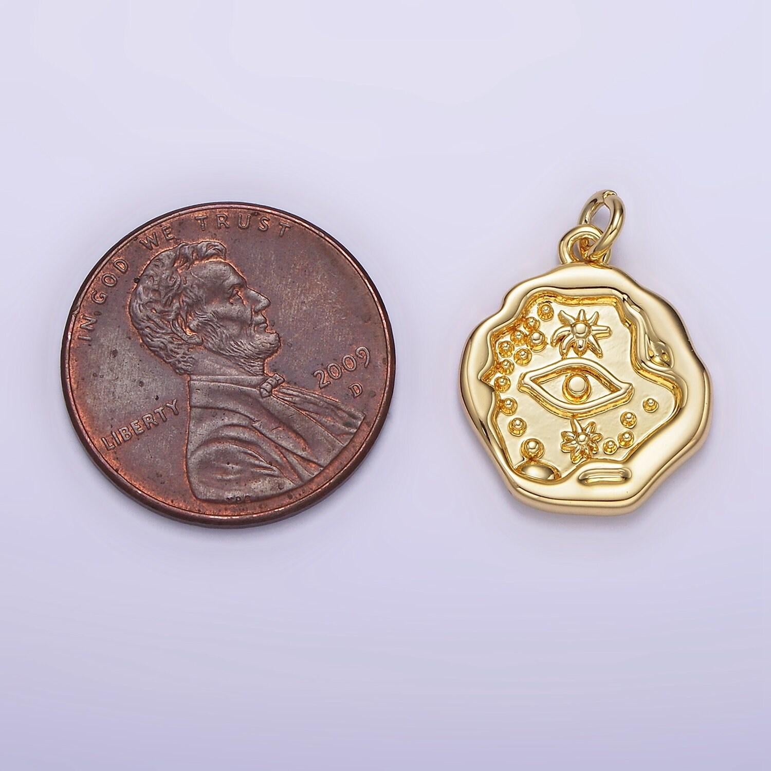 14k gold filled 17mm evil eye celestial sun dotted stamped abstract round charm | ag213