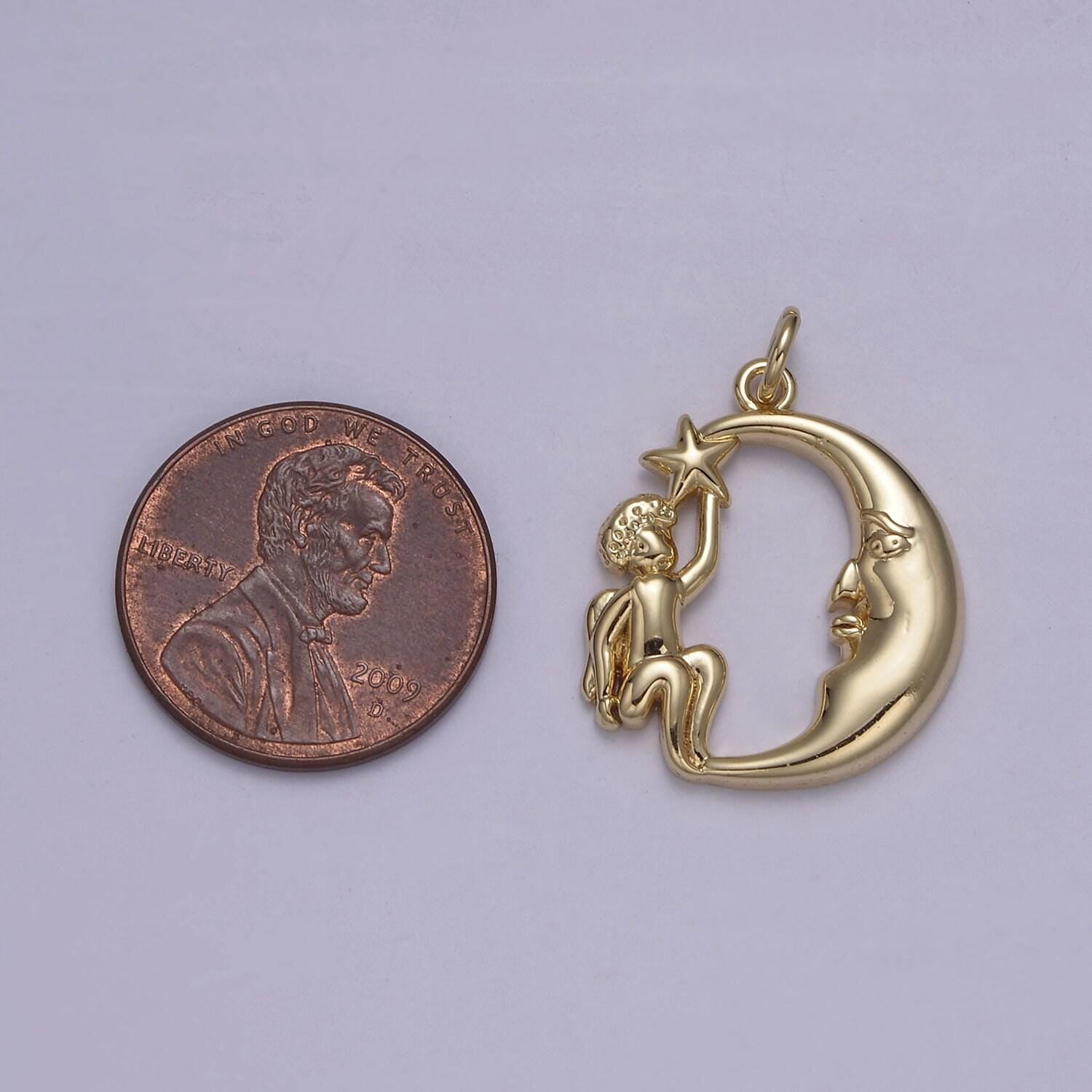 Dainty crescent moon with angel holding star pendant medallion | diy jewelry charm necklace bracelet earring | n-848