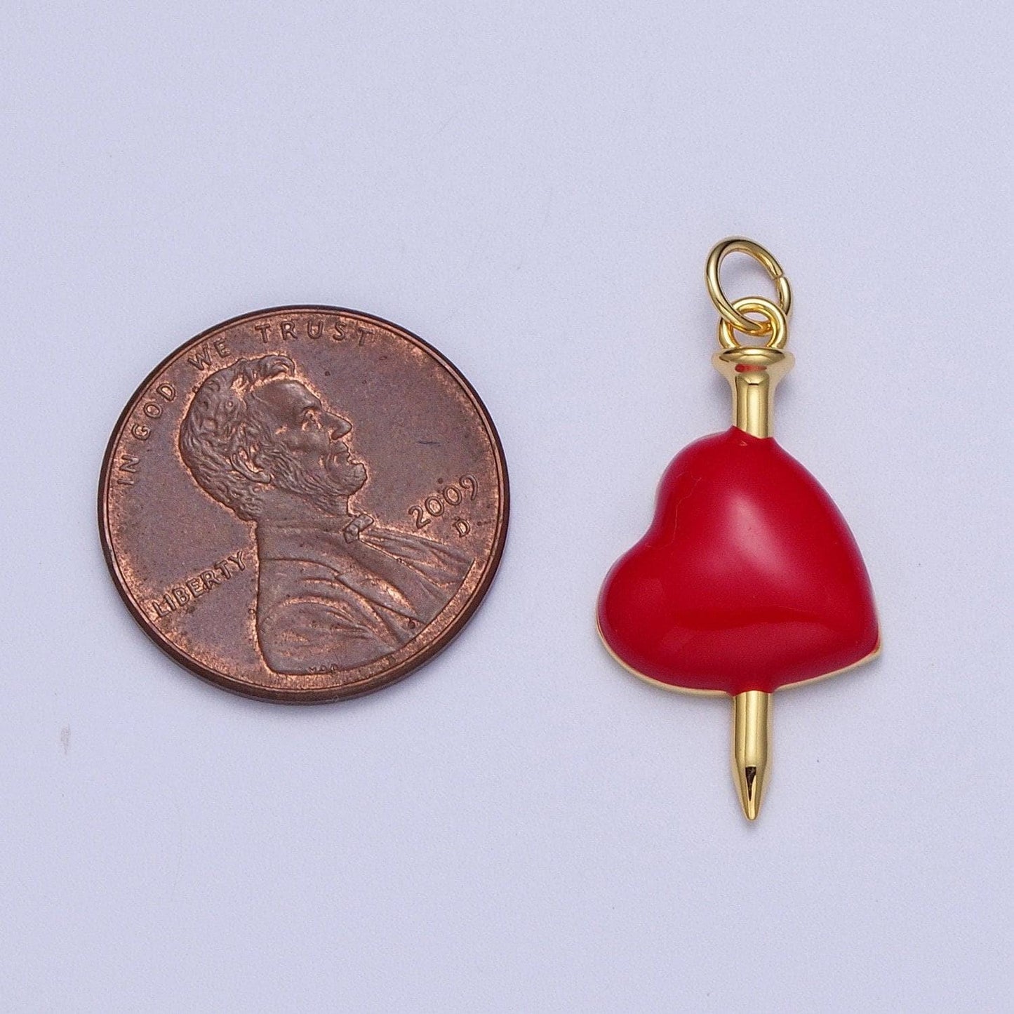 Gold nail through red heart pendant, 24k gold filled nail pendant w. red enamel heart | x-731