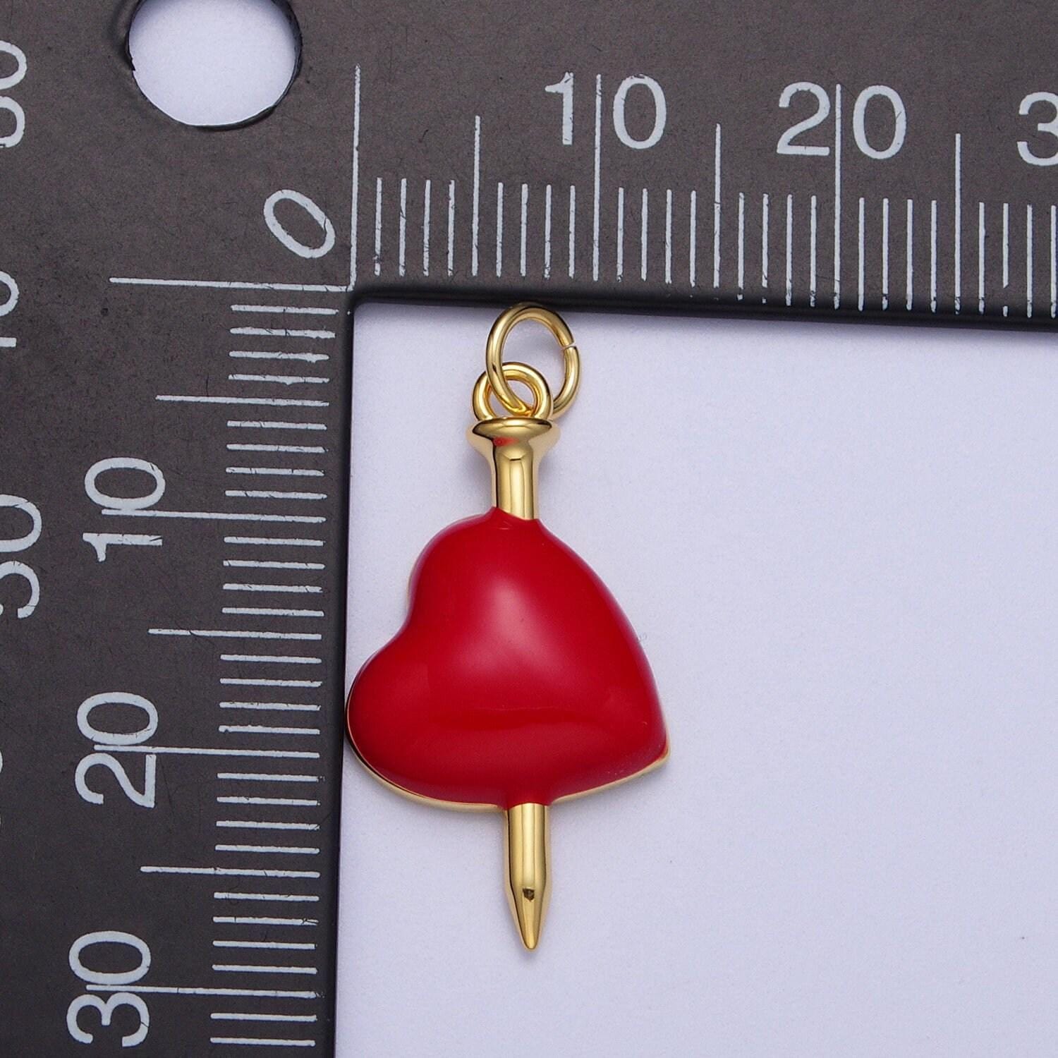 Gold nail through red heart pendant, 24k gold filled nail pendant w. red enamel heart | x-731