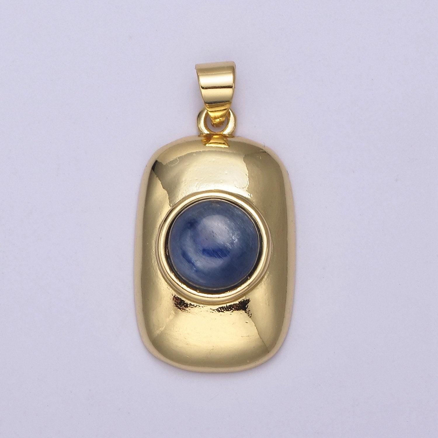 Dainty navy blue gemstone square rectangle gold medallion charm tiny small pendant tag charm, bracelet necklace earring finding h-629