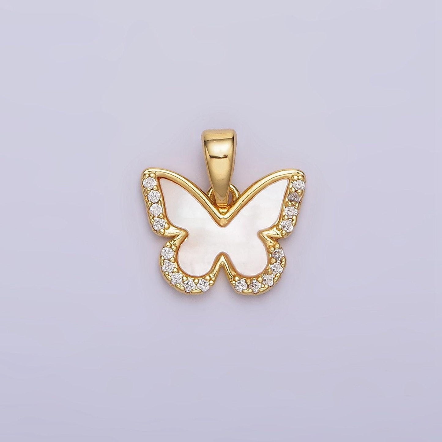 24k gold filled shell pearl micro paved cz butterfly wings pendant | aa582