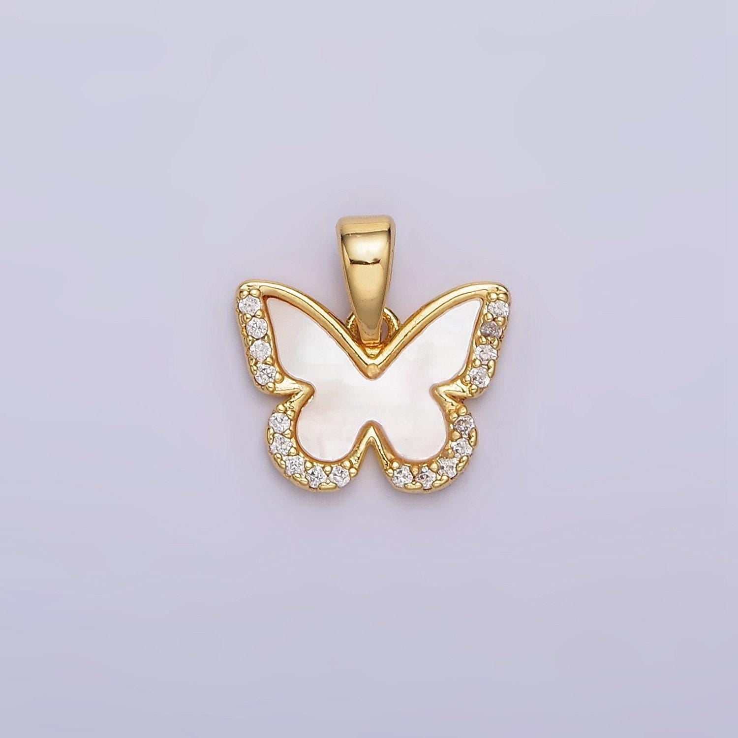 24k gold filled shell pearl micro paved cz butterfly wings pendant | aa582