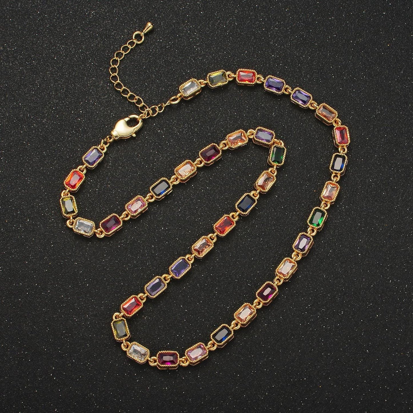 Gold necklace colorful rectangle cz necklace + extender | wa-2556