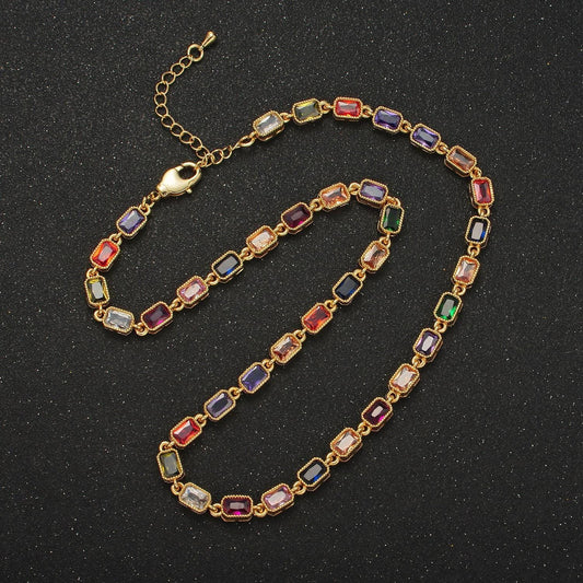 Gold necklace colorful rectangle cz necklace + extender | wa-2556