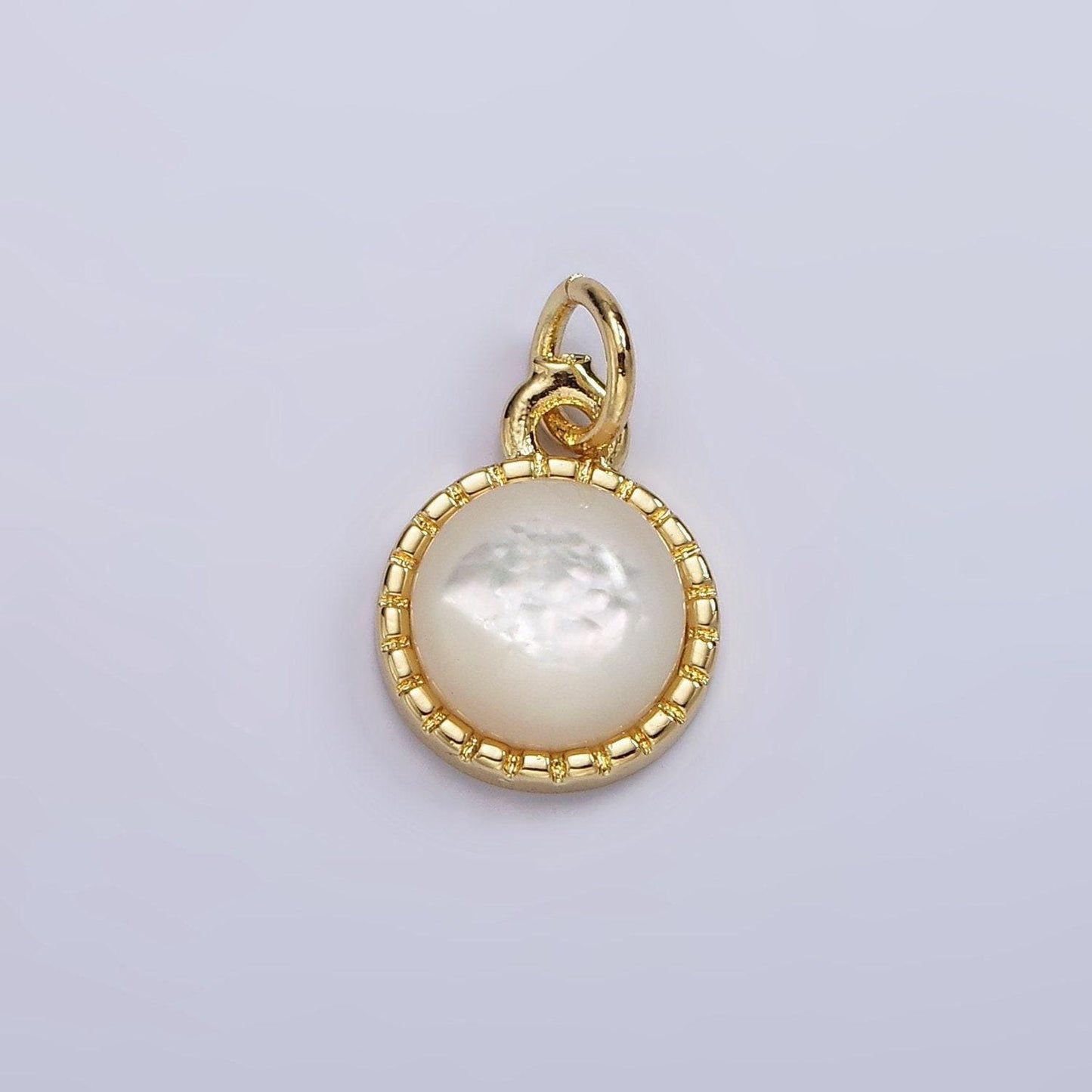 14k gold filled shell pearl dotted bezel round charm | ag543