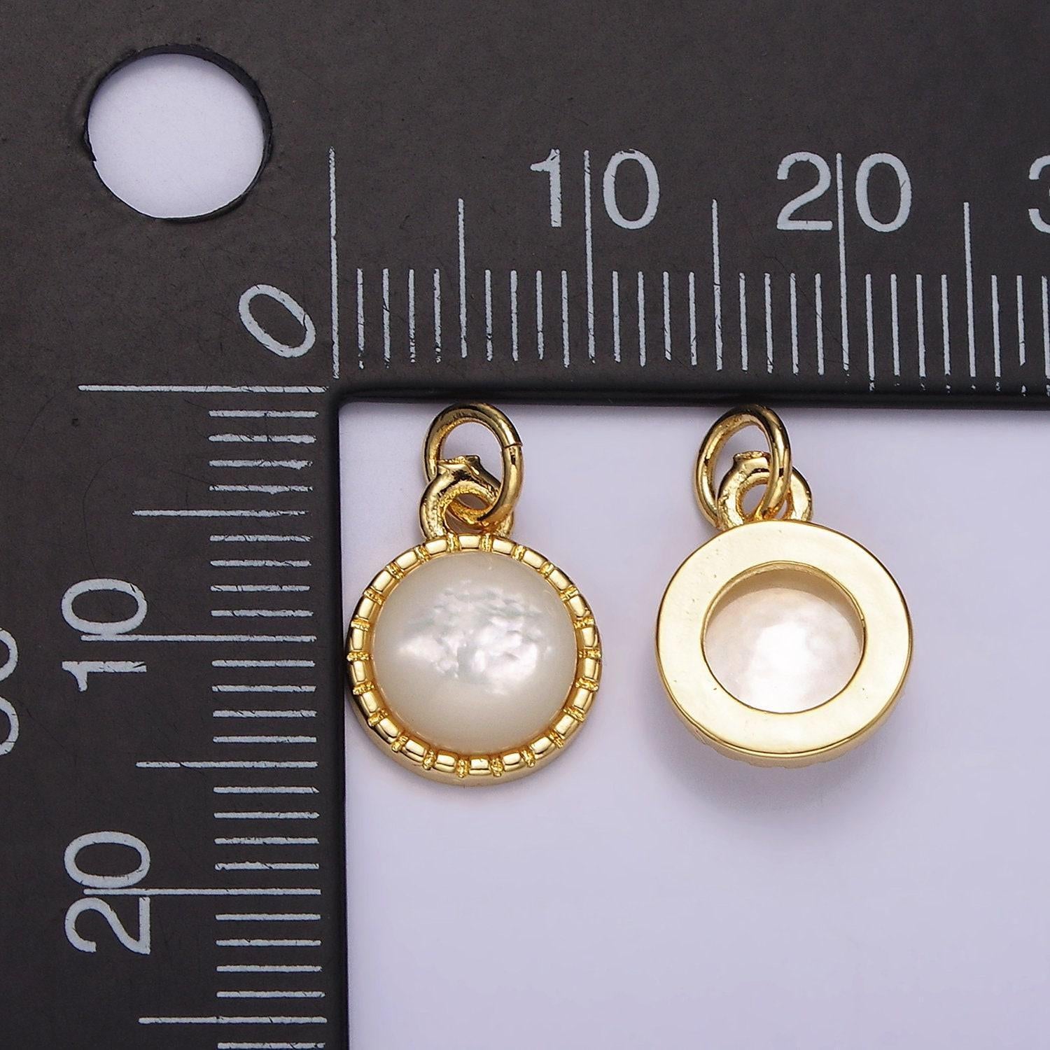 14k gold filled shell pearl dotted bezel round charm | ag543