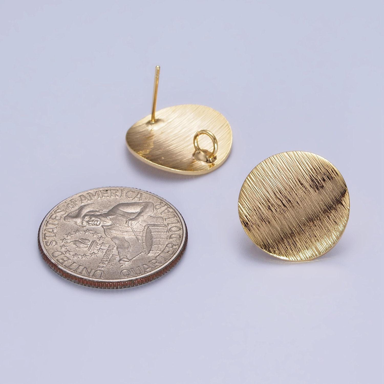 24k shiny gold plated brushed metal round earring post with loop, gold circle stud earrings gold stud earrings, gold plated findings z080