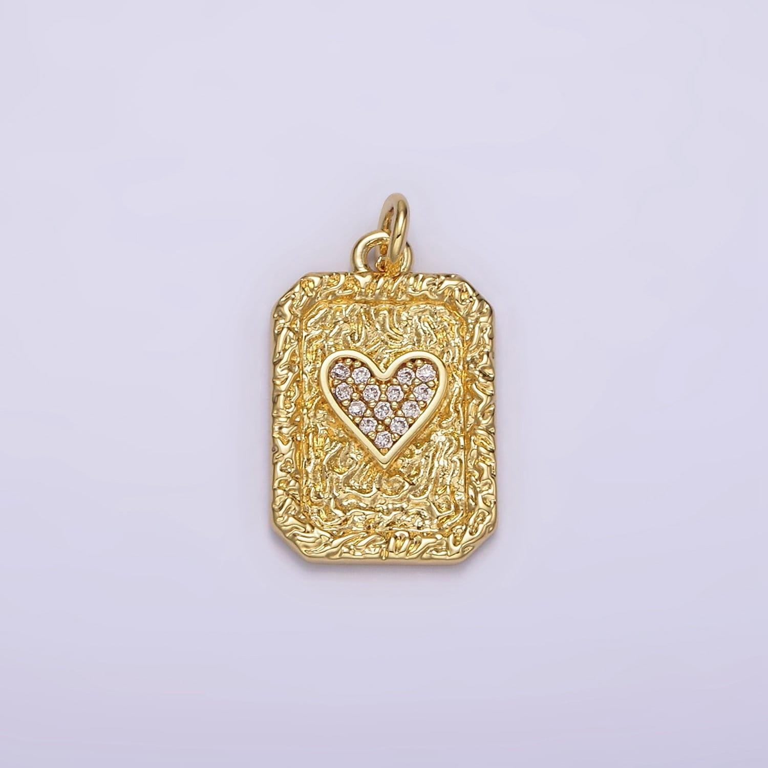 14k gold filled heart card micro paved cz rustic rectangular tag charm pendant | ag259