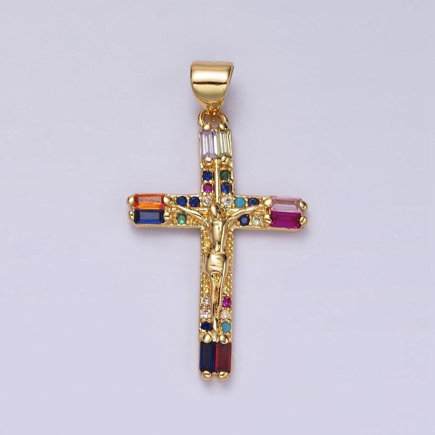 14k gold filled 30mm multicolor baguette micro paved cz crucifix cross pendant religious jewelry making supply | ah048