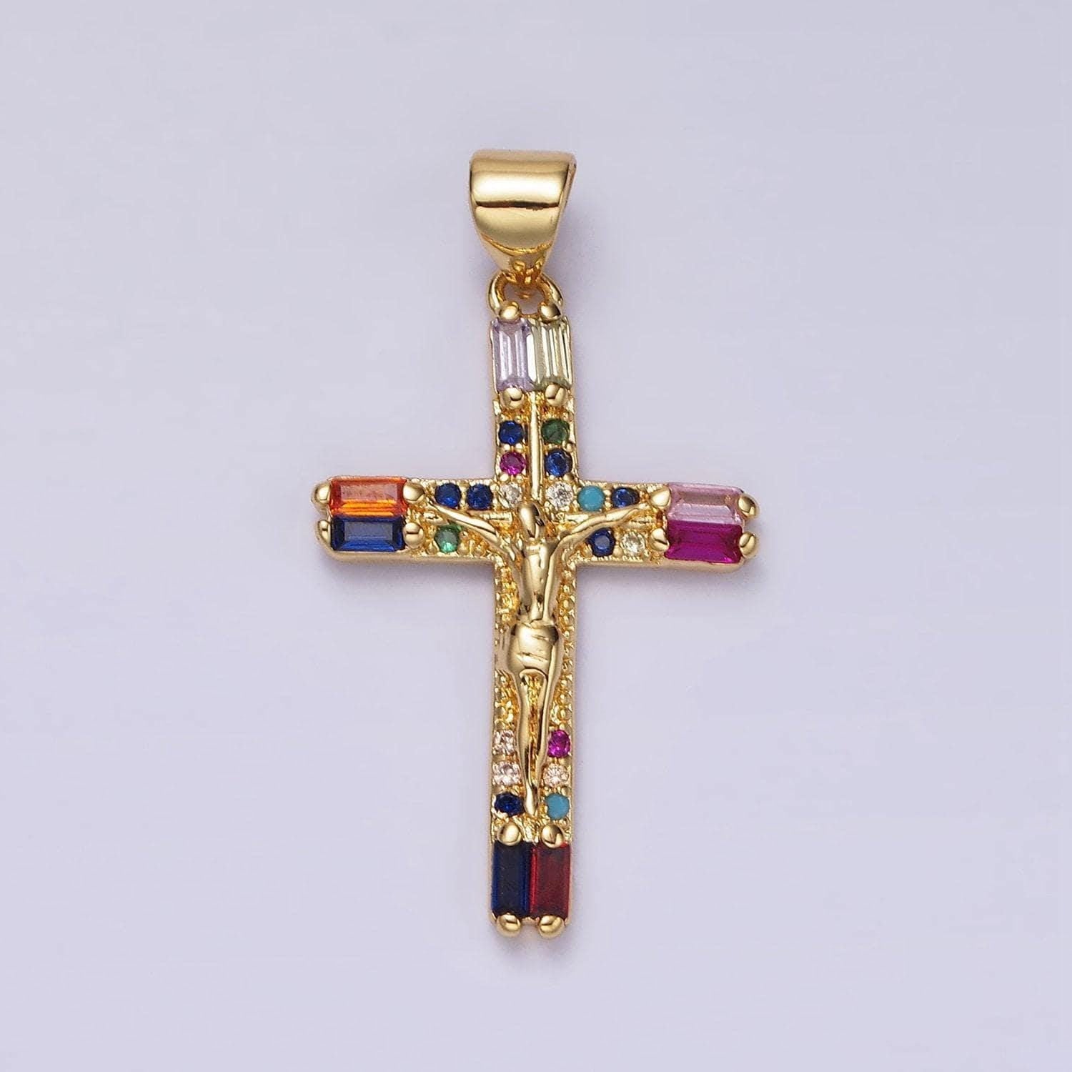 14k gold filled 30mm multicolor baguette micro paved cz crucifix cross pendant religious jewelry making supply | ah048