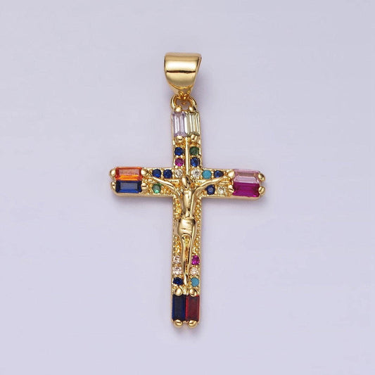 14k gold filled 30mm multicolor baguette micro paved cz crucifix cross pendant religious jewelry making supply | ah048