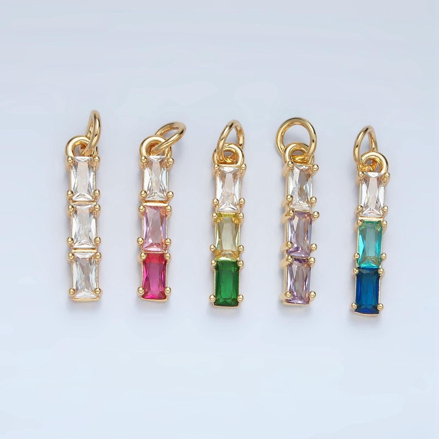 Clear, purple, green, pink, blue gradient triple baguette cz linear gold filled charm | x570-x572