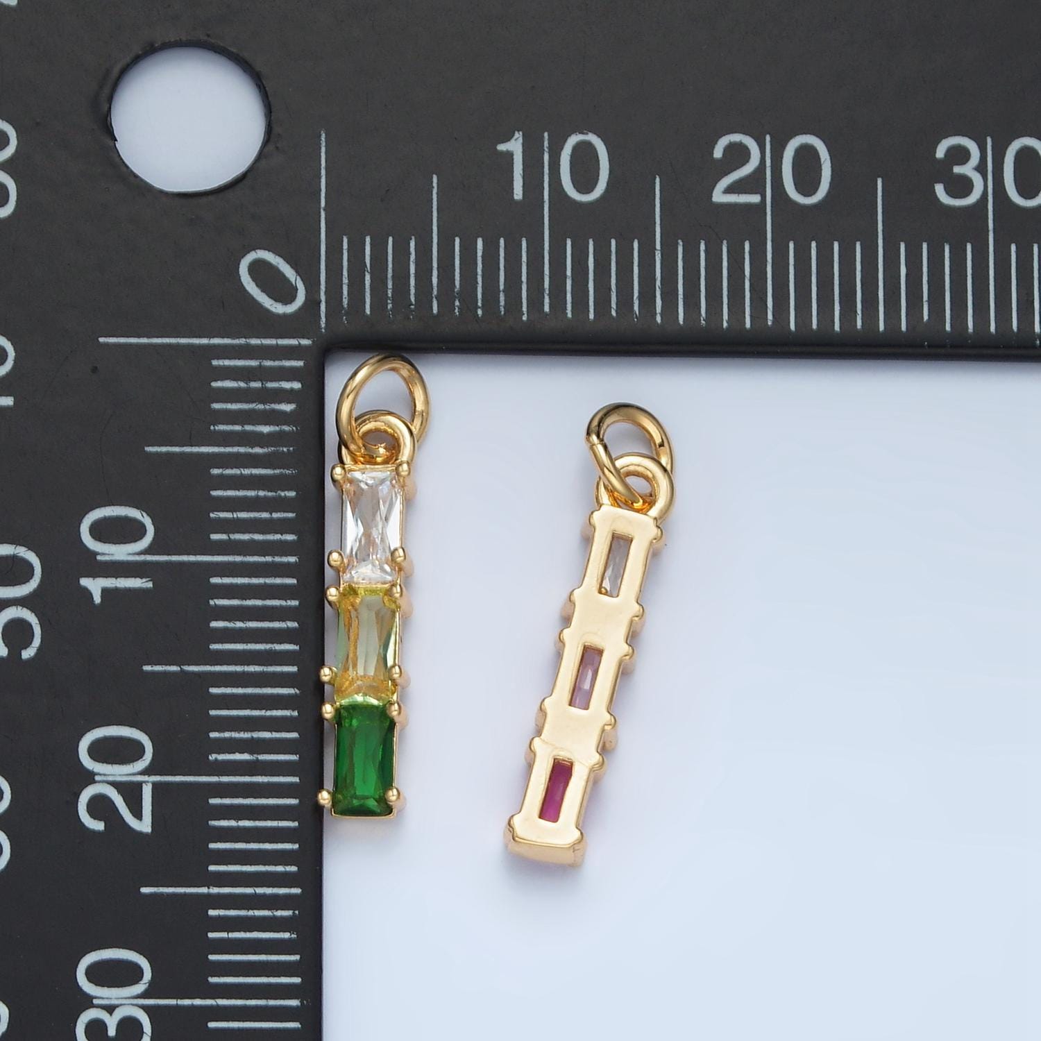 Clear, purple, green, pink, blue gradient triple baguette cz linear gold filled charm | x570-x572