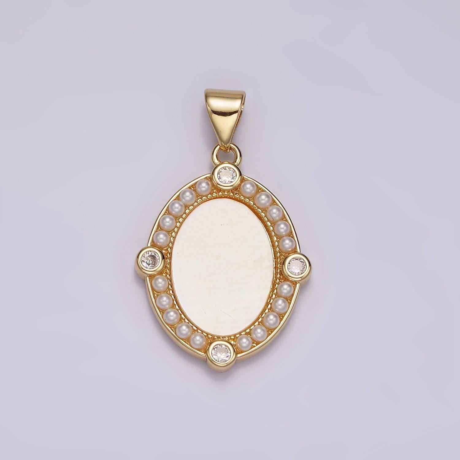 Dainty oval medallion pendant with pearl geometric charm in 14k gold filled clear cz stone for necklace charm supply n-2026