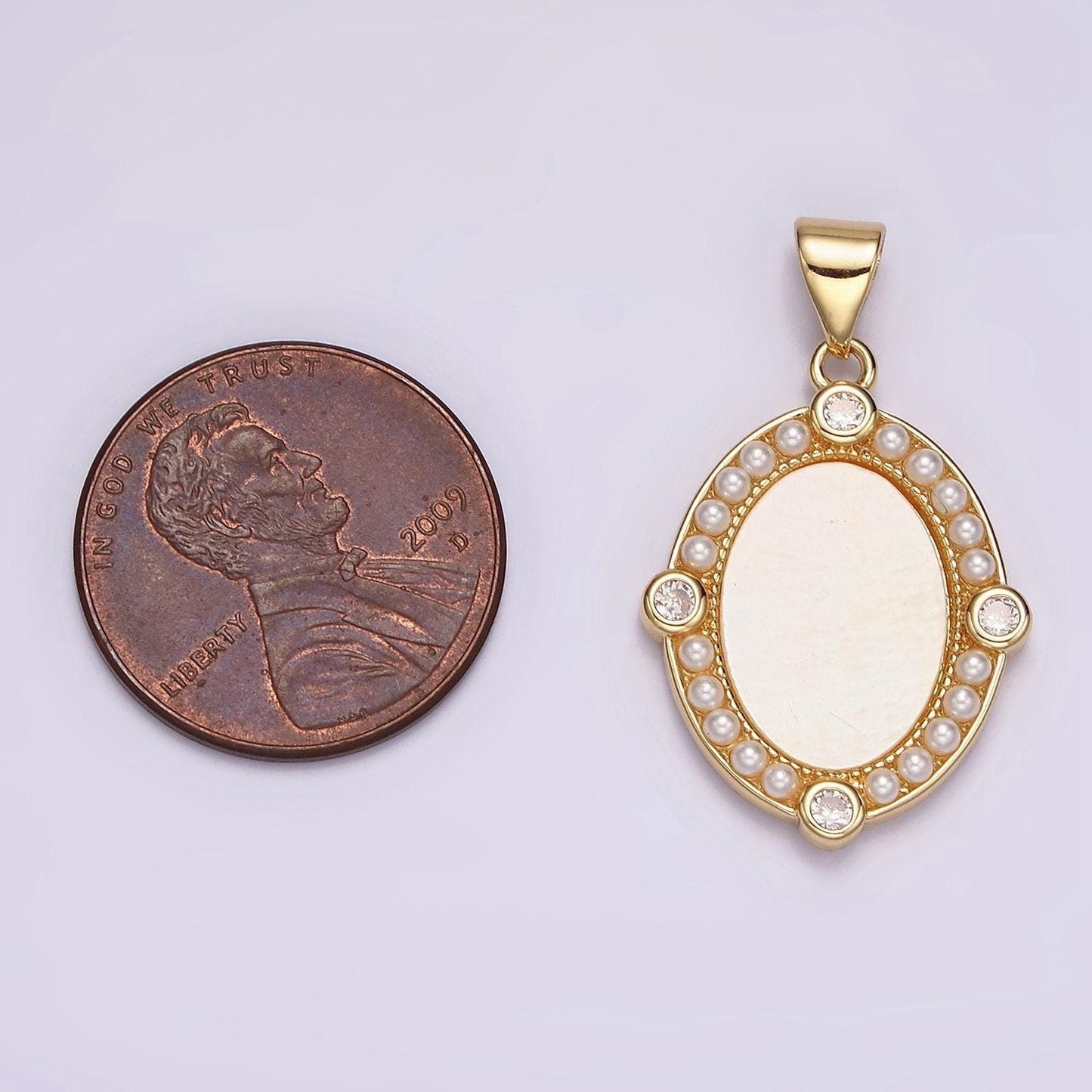 Dainty oval medallion pendant with pearl geometric charm in 14k gold filled clear cz stone for necklace charm supply n-2026