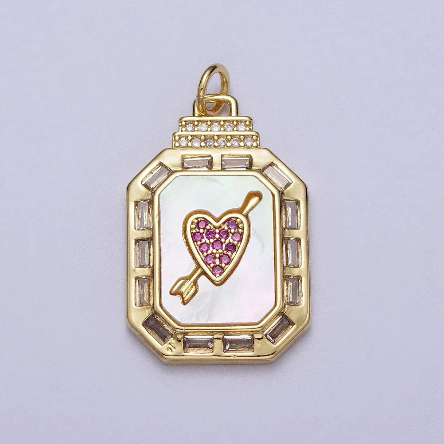 24k gold filled octagon pendant necklace, dainty tag, rectangular baguette cz charm for layer necklace supply pink heart arror c209