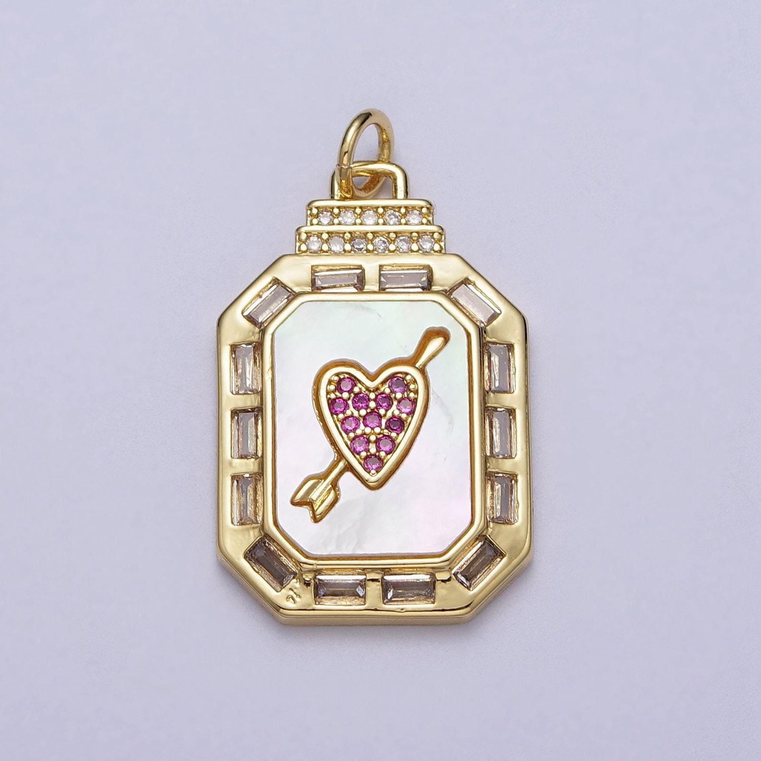 24k gold filled octagon pendant necklace, dainty tag, rectangular baguette cz charm for layer necklace supply pink heart arror c209