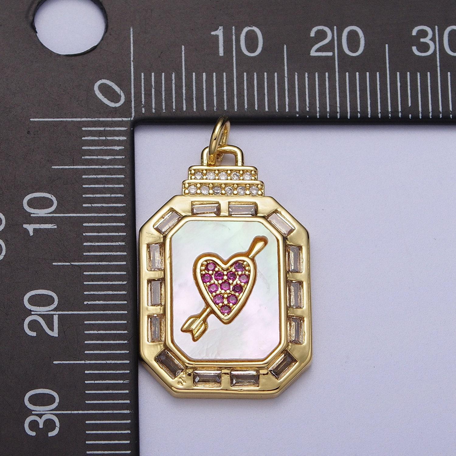 24k gold filled octagon pendant necklace, dainty tag, rectangular baguette cz charm for layer necklace supply pink heart arror c209