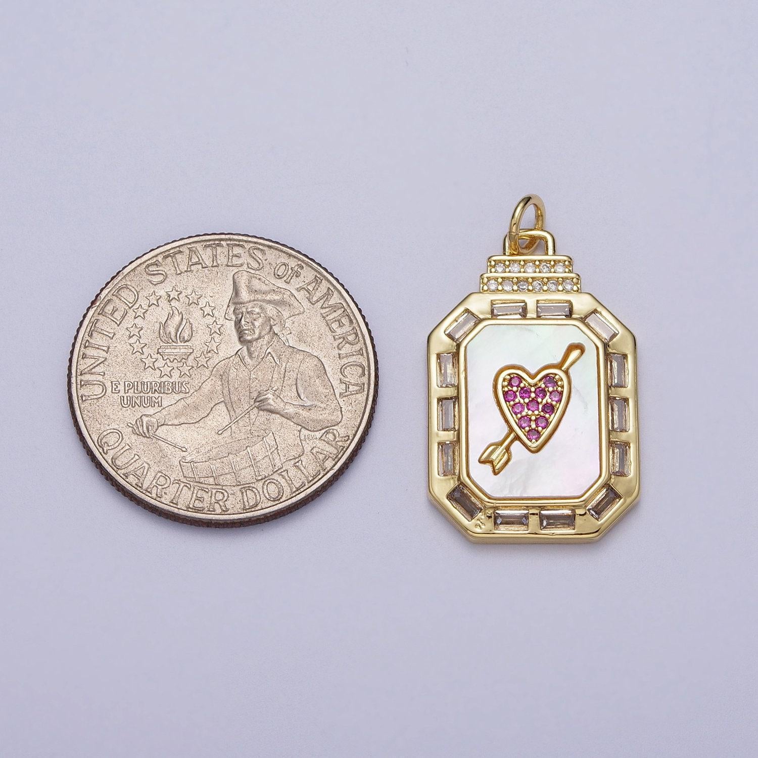 24k gold filled octagon pendant necklace, dainty tag, rectangular baguette cz charm for layer necklace supply pink heart arror c209
