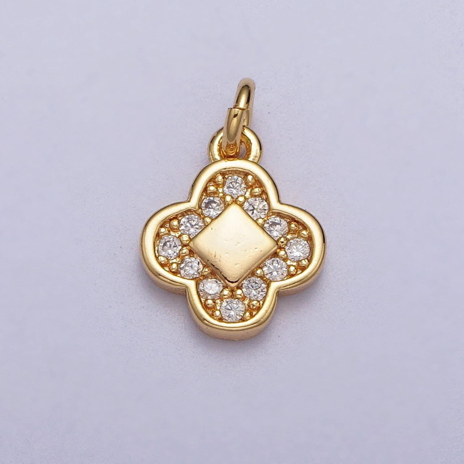 Tiny quatrefoil clover charm, micro pave cz quatrefoil clover pendant, four leaf clover charm, quatrefoil charm in gold ac024