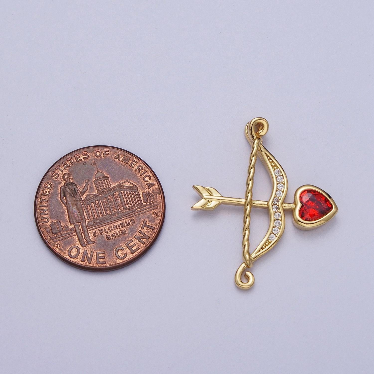 Gold cz cupid bow heart arrow pendant, greek classic mythology red crystal cz love cupid arrow charm for diy jewelry | ag133