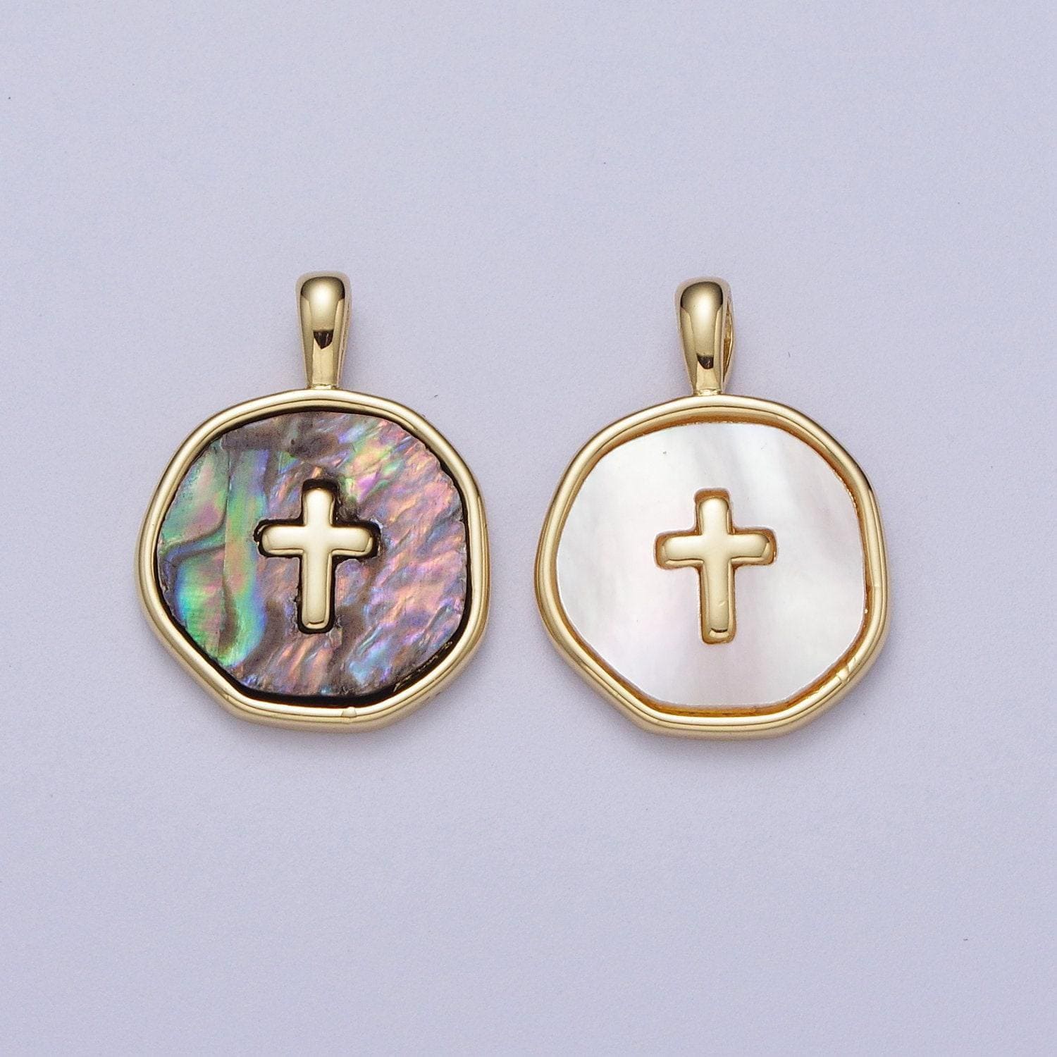 14k gold filled cross shell pearl, abalone round charm pendant for minimalist jewelry | i341 i370
