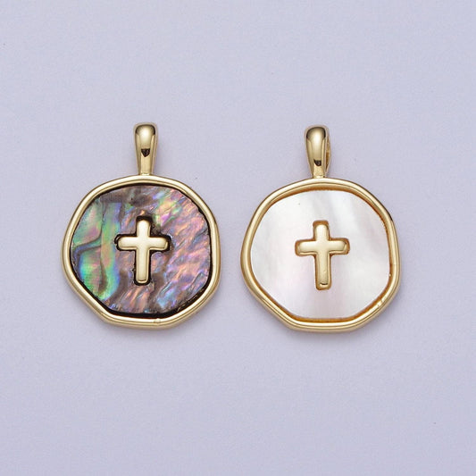 14k gold filled cross shell pearl, abalone round charm pendant for minimalist jewelry | i341 i370