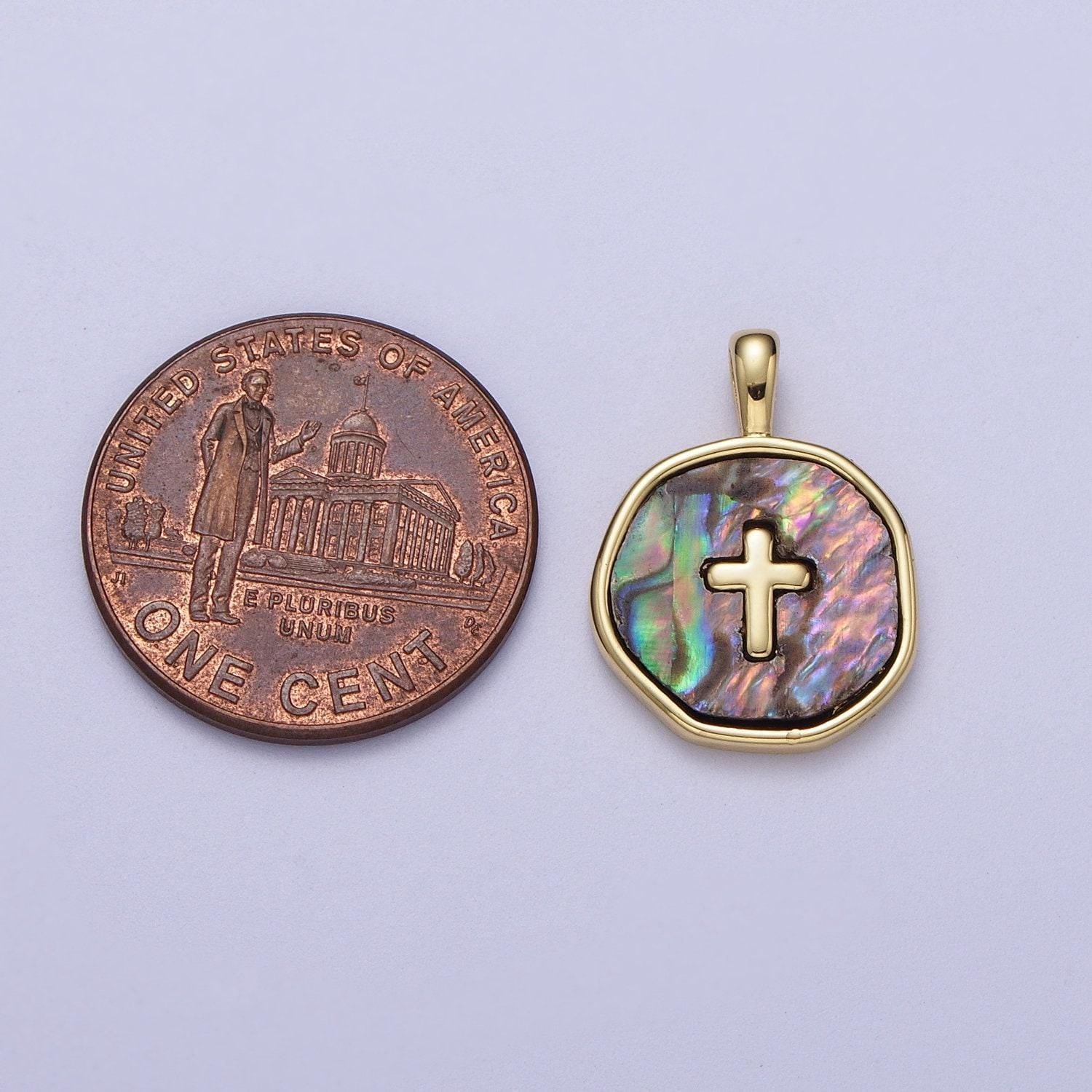 14k gold filled cross shell pearl, abalone round charm pendant for minimalist jewelry | i341 i370