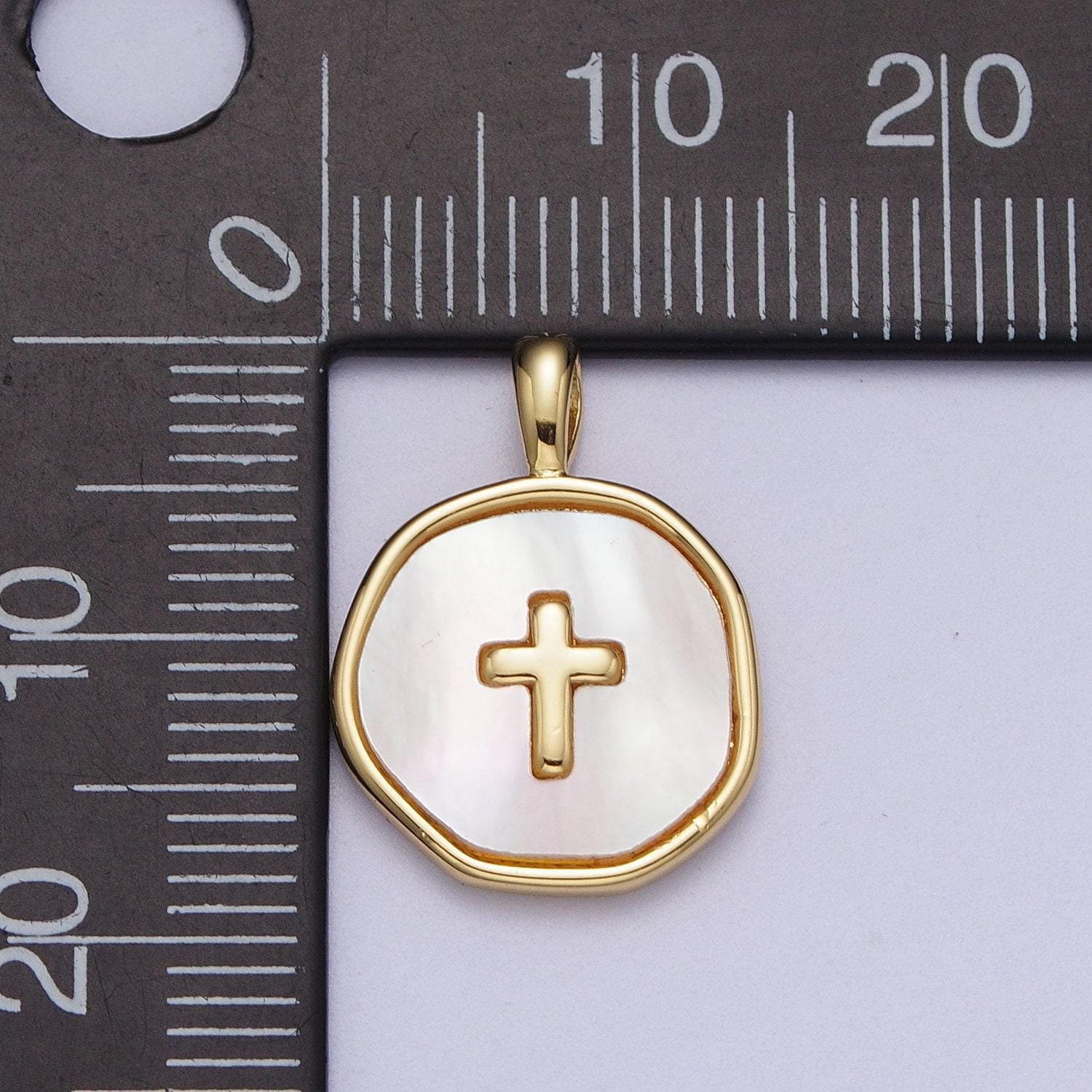 14k gold filled cross shell pearl, abalone round charm pendant for minimalist jewelry | i341 i370