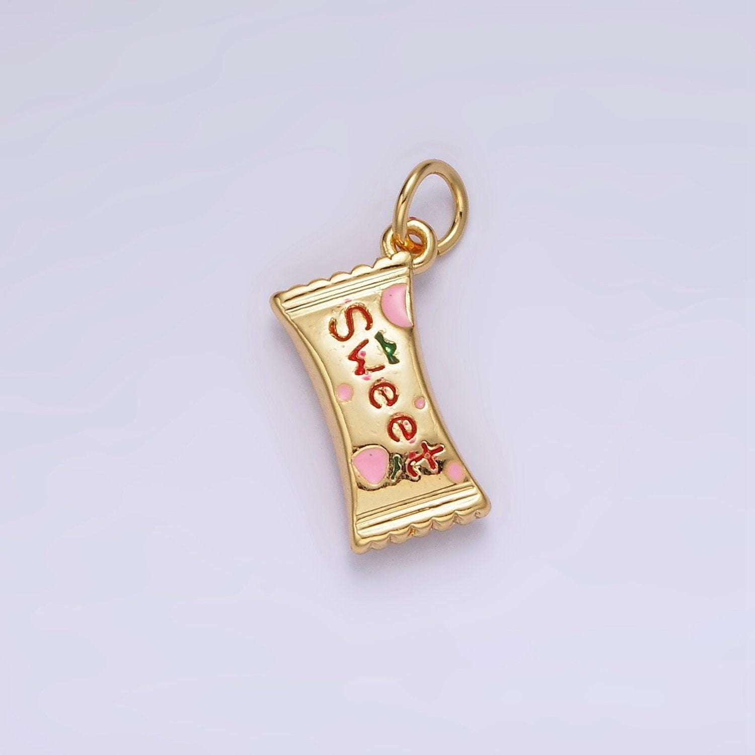 14k gold filled strawberry candy sweet script enamel wrapper puffed add-on charm food snack jewelry inspired | ag405