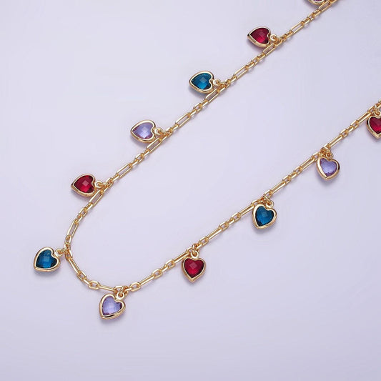 18k gold filled heart cz charm multicolor multifaceted drop cable paperclip unfinished chain for jewelry making | roll-1429