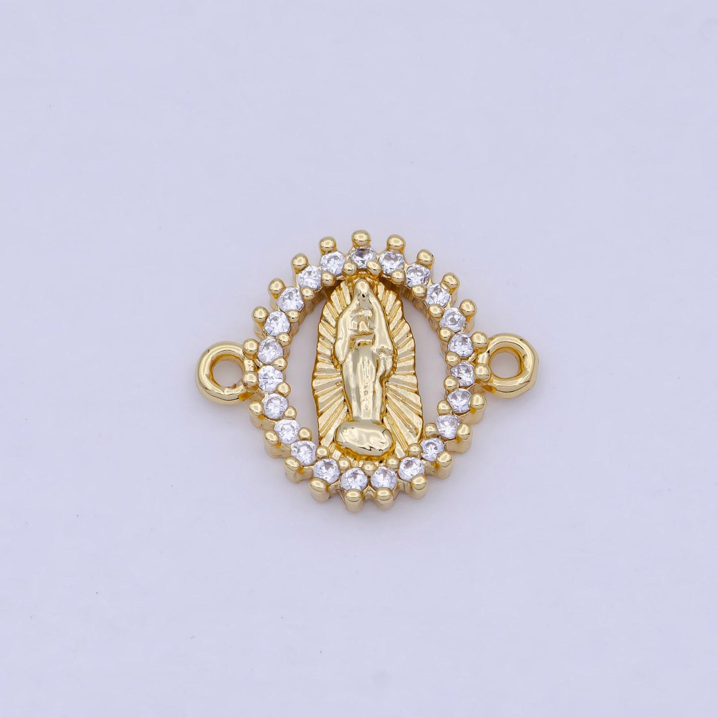 Gold oval virgin mary sunburst connector, 24k gold filled clear micro pave cz oval lady of guadalupe religious medallion connector | g-912