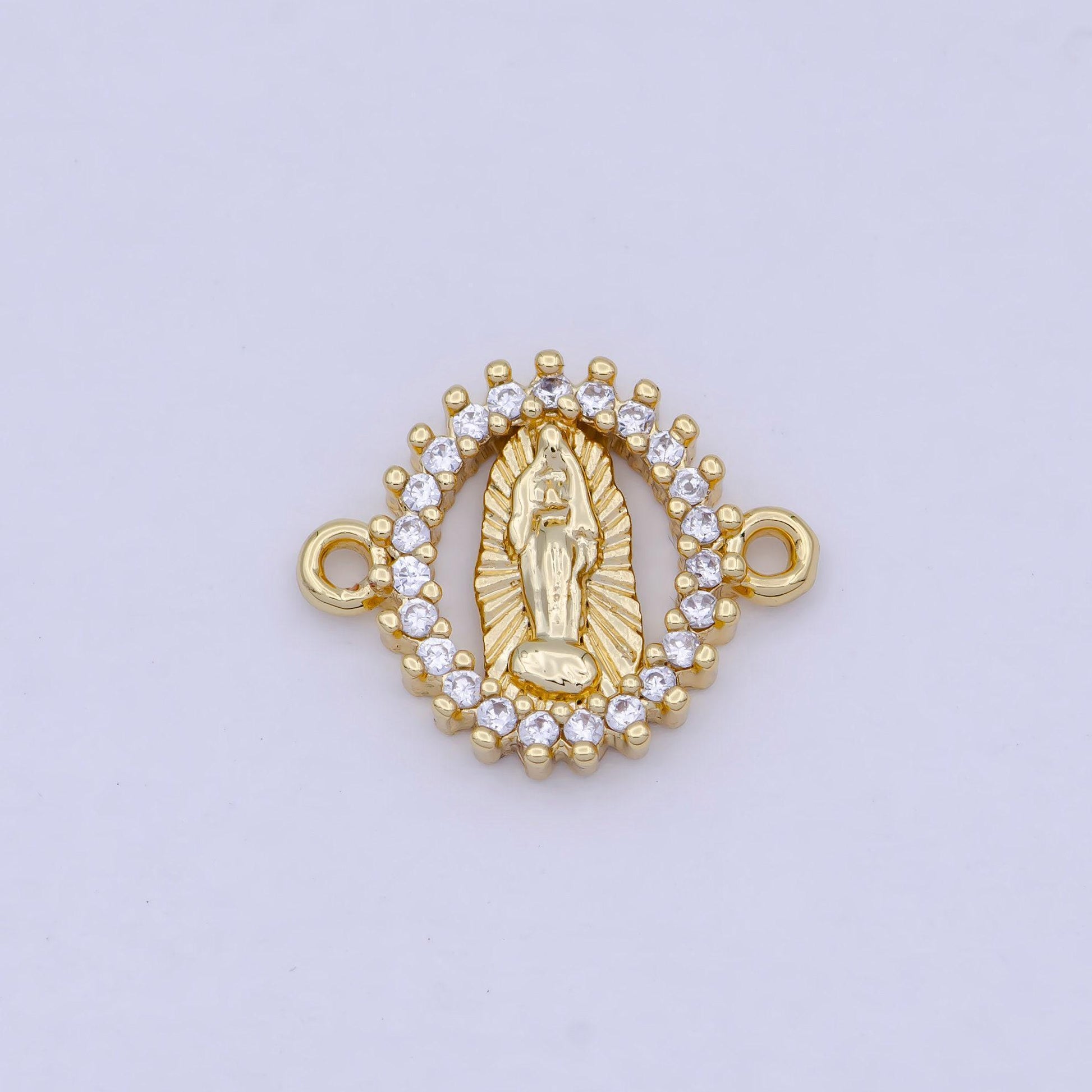 Gold oval virgin mary sunburst connector, 24k gold filled clear micro pave cz oval lady of guadalupe religious medallion connector | g-912